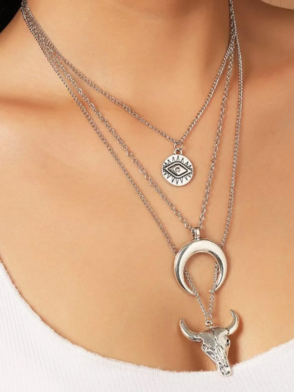 Silver Boho Layered Necklace Western Cowgirl
